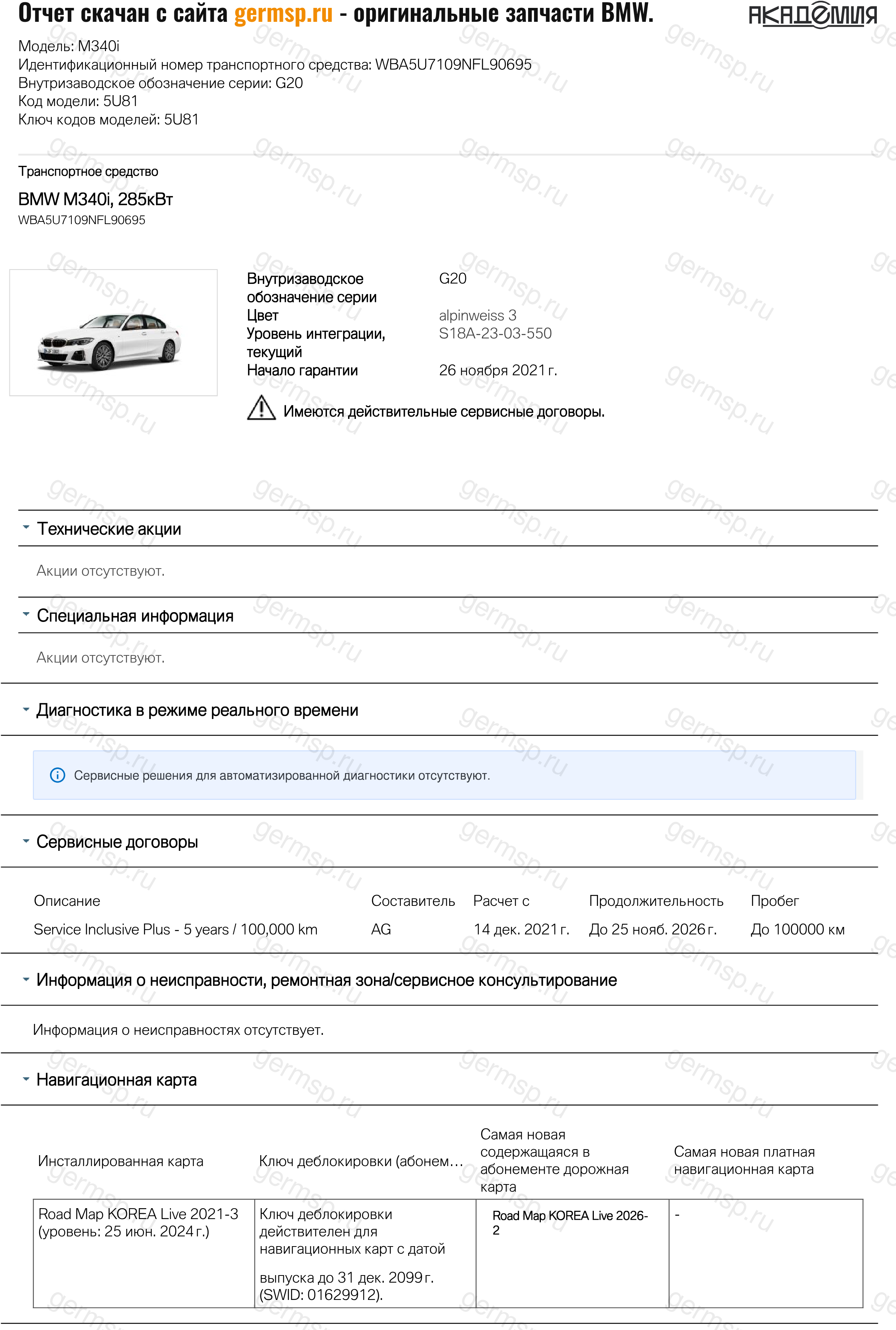 Пример AIR-отчёта BMW — страница с данными автомобиля